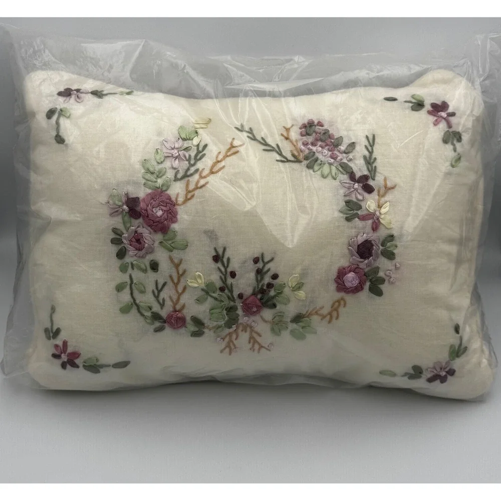 New Vintage Sweet Briar 12x16 Floral Embroidered Lumbar Accent Pillow